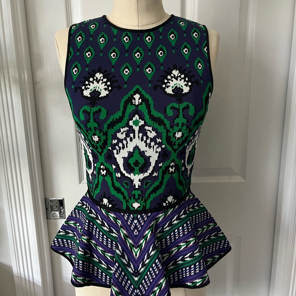 Manoush XS Sleeveless Peplum Top in Navy, Green & White